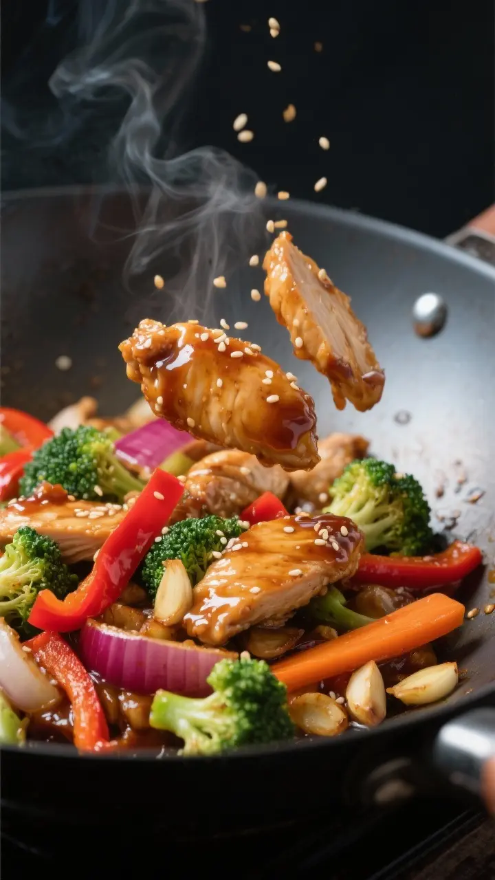 Close-up detail shot: Glazed chicken stir fry mid-toss in a hot wok, showing glossy sauce clinging t