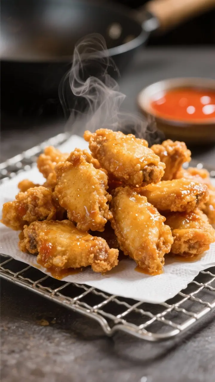 Close-up detail shot: Golden, shallow-fried sweet and sour chicken pieces just after frying, piled o