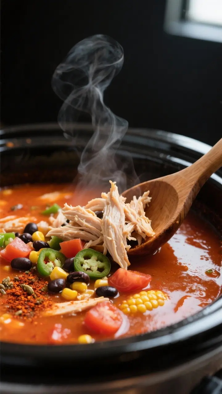 Close-up detail shot: Tender shredded chicken being stirred back into a simmering crock pot of chick