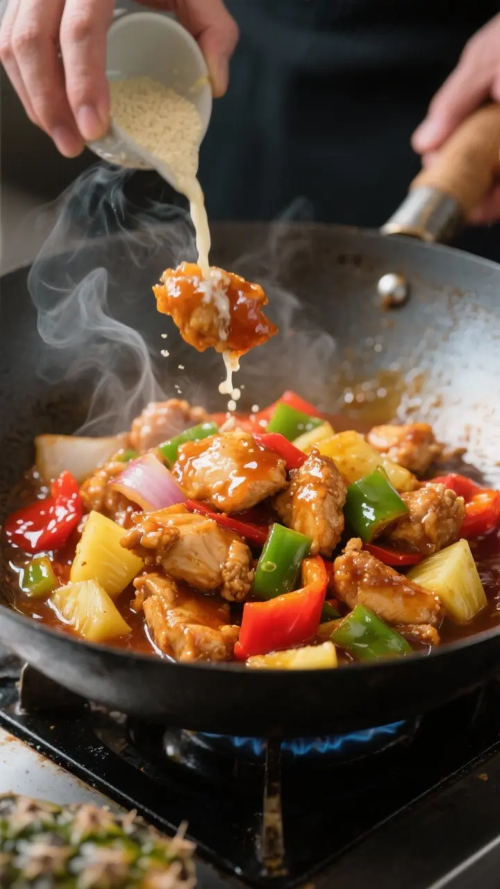 Cooking process action shot: Sweet and sour chicken in a wok as the glossy sauce thickens—chunks o