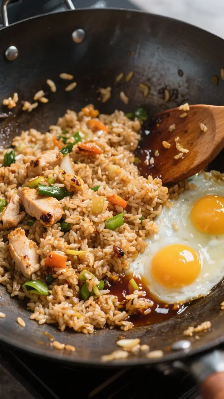 Cooking process: Chicken fried rice being stir-fried in a wide carbon-steel wok over medium-high hea