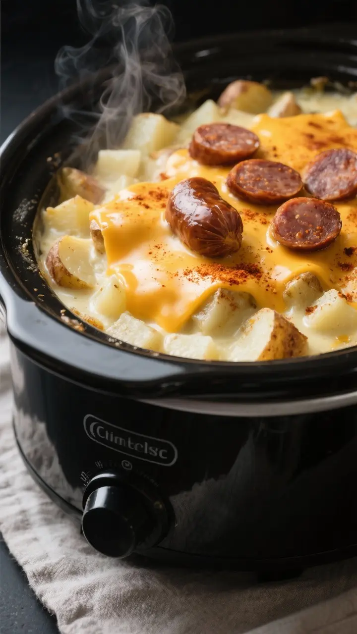 Cooking process, close-up detail: Close-up of creamy, bubbling crockpot cheesy potatoes in a slow co