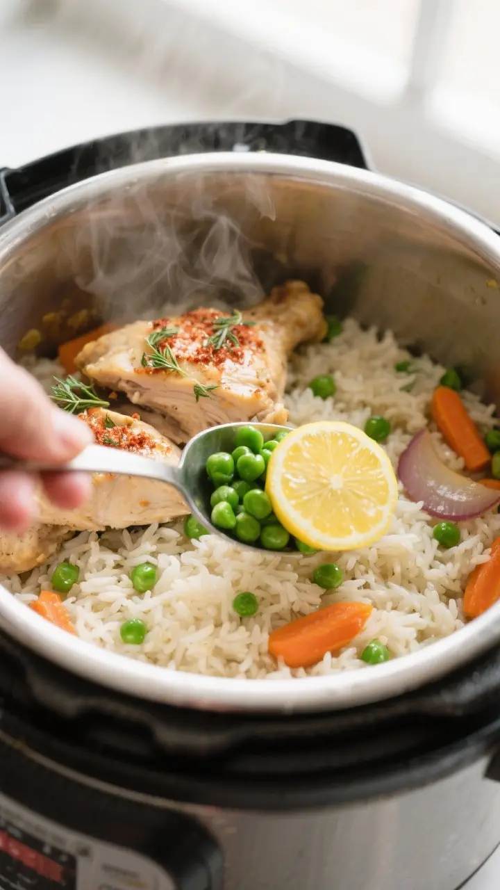 Cooking process, close-up detail: Instant Pot chicken and rice mid-cook immediately after pressure r