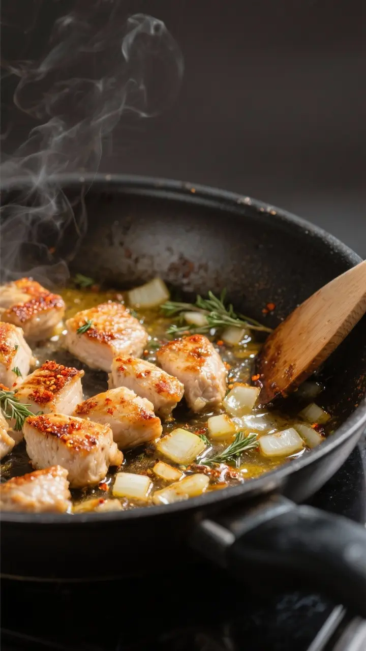 Cooking process, close-up detail: Searing bite-size chicken pieces in a wide, heavy skillet with vis