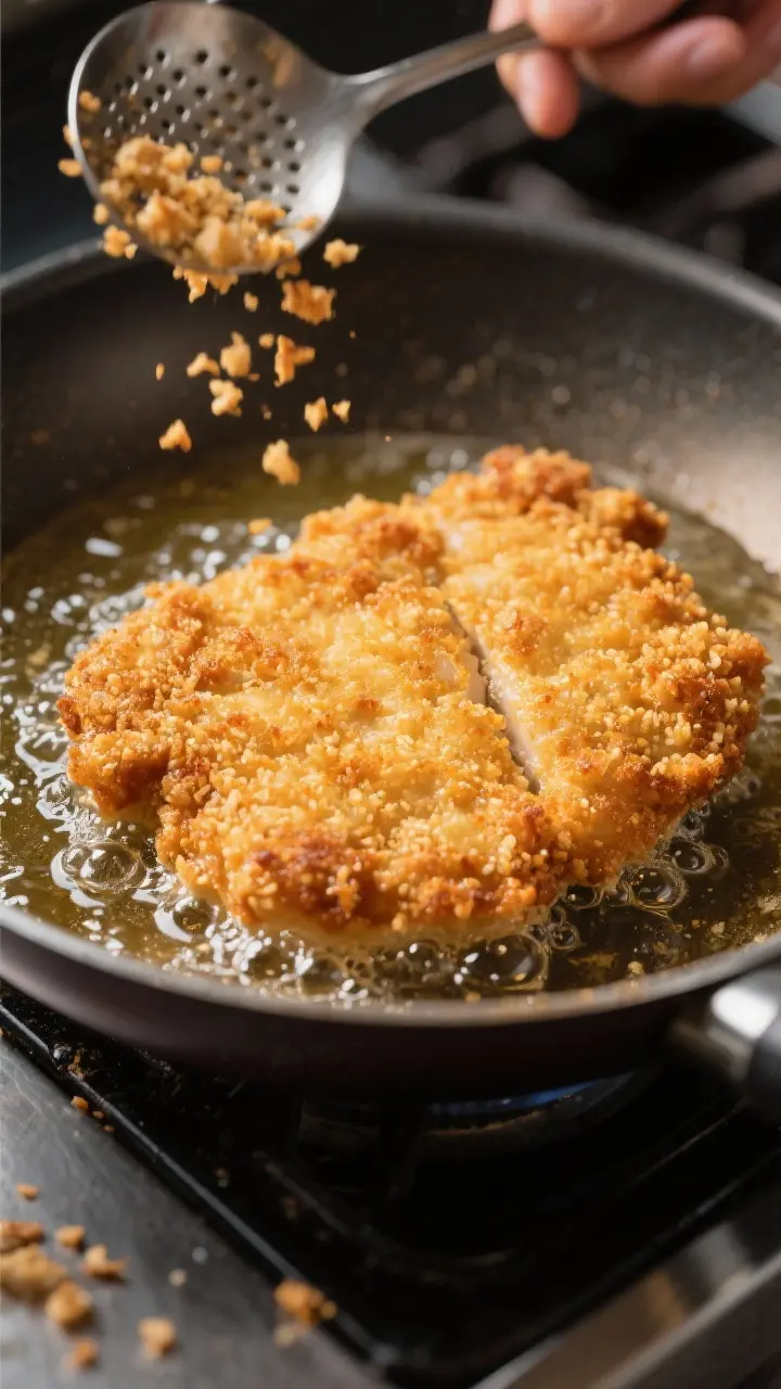 Cooking process close-up: Golden-brown chicken katsu cutlet sizzling in a shallow layer of neutral o