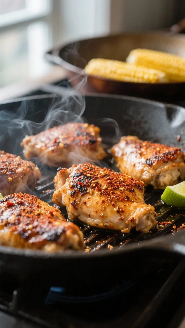 Cooking process close-up: Juicy marinated chicken thighs sizzling on a hot grill pan, deep golden-br