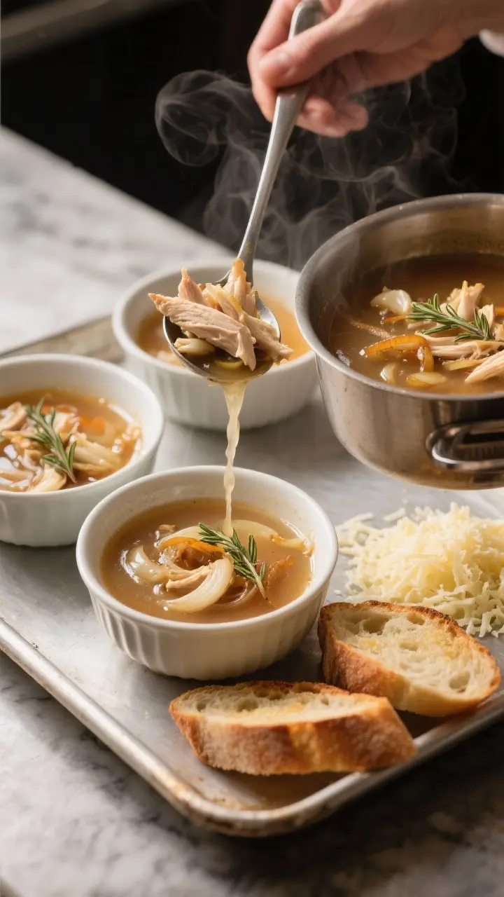 Cooking process: Ladle pouring French onion chicken soup into broiler-safe bowls on a sheet pan, sho