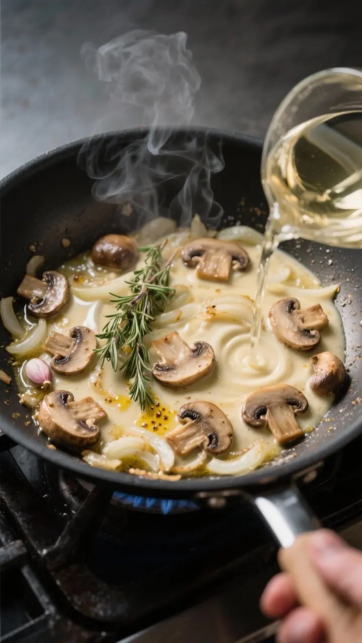 Cooking process: Overhead shot of a skillet on the stove showing mushrooms sautéing in butter with 