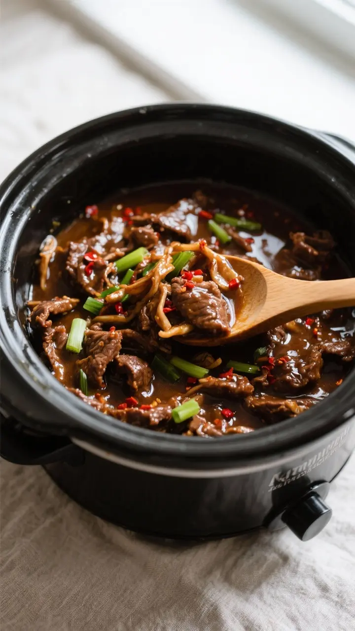 Cooking process: Overhead shot of a slow cooker filled with fully cooked Mongolian beef just after t