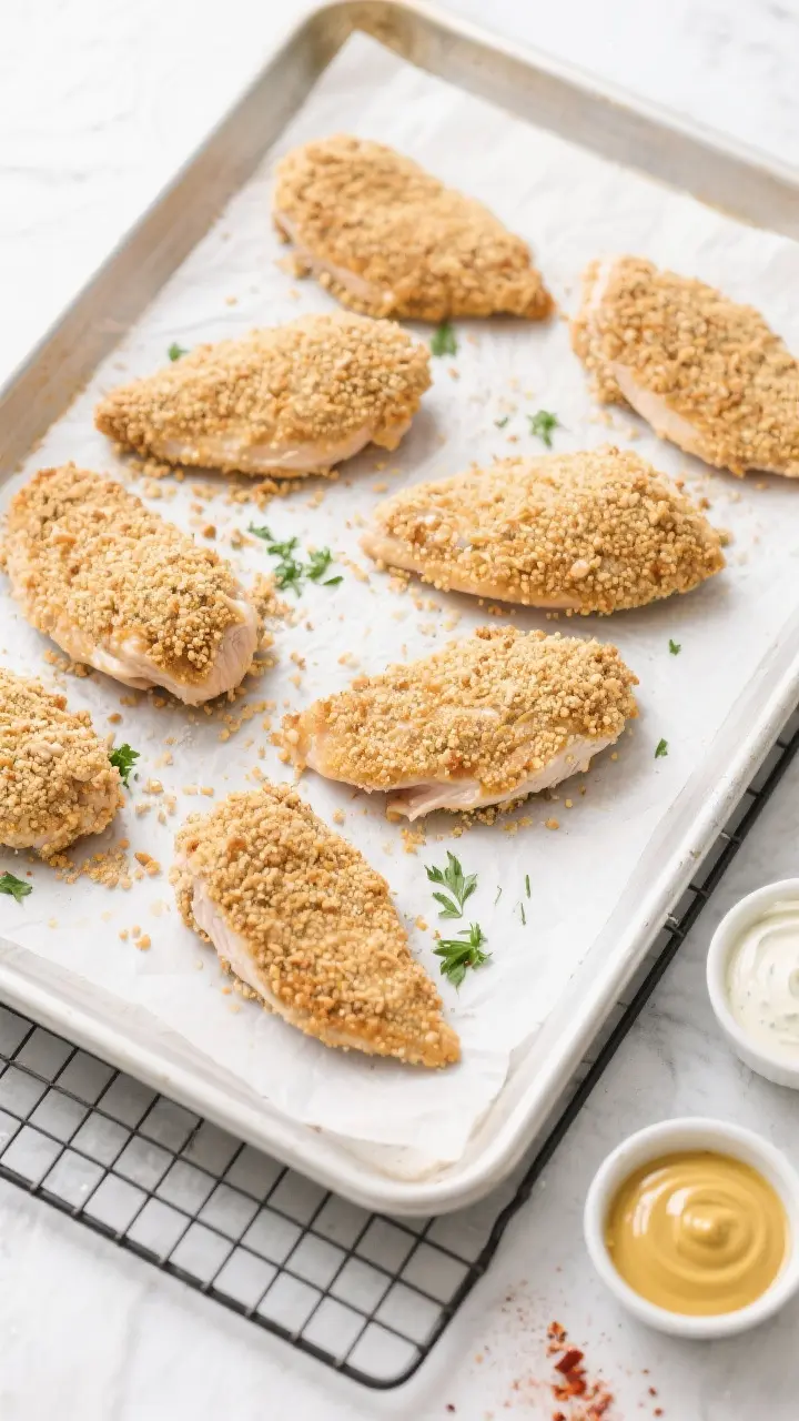 Cooking process: Overhead shot of coated chicken breasts arranged with space on a parchment-lined ba