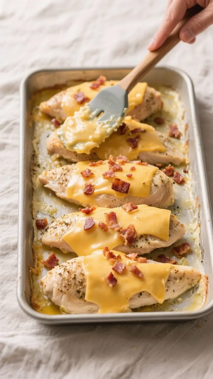 Cooking process: Overhead shot of seasoned, pounded chicken breasts arranged in a lightly greased 9x