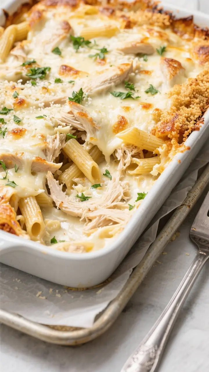 Cooking process: Overhead shot of the assembled chicken Alfredo bake just out of the oven in a 9x13 
