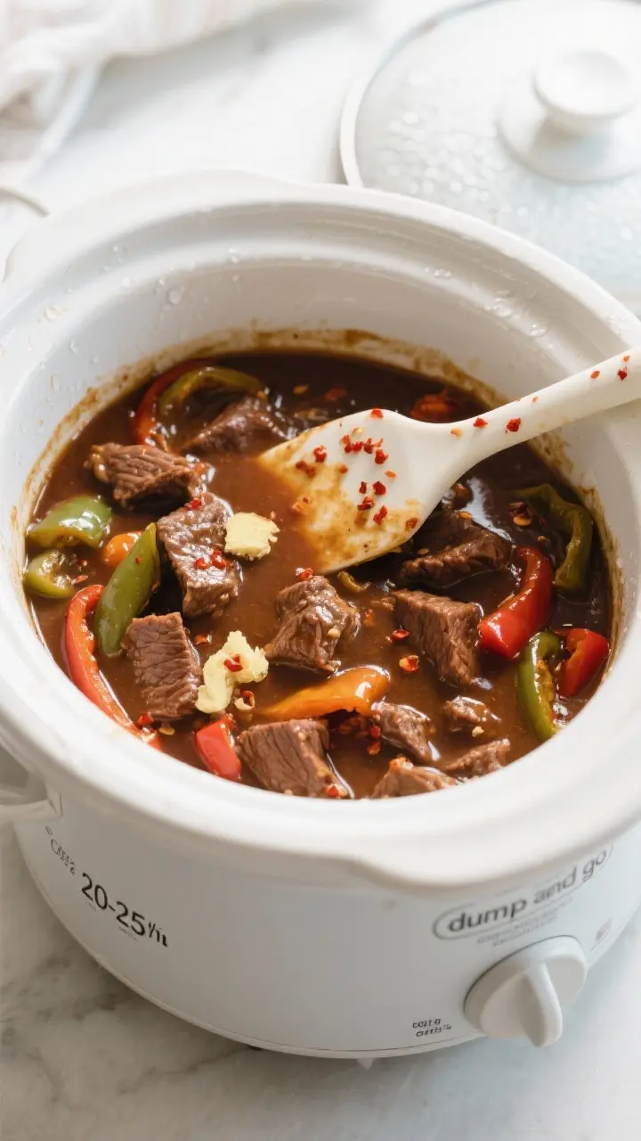 Cooking process: Overhead shot of the crock pot during the final 20–30 minutes as the cornstarch s