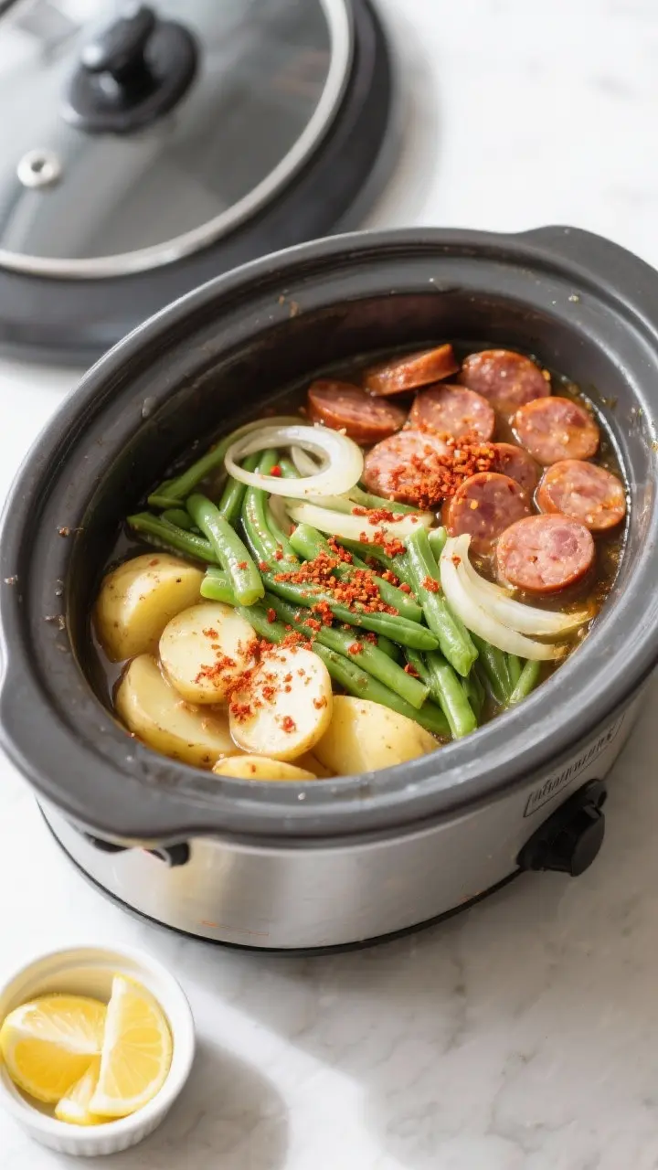 Cooking process: Overhead shot of the Crockpot mid-cook on High, lid off to reveal evenly layered co