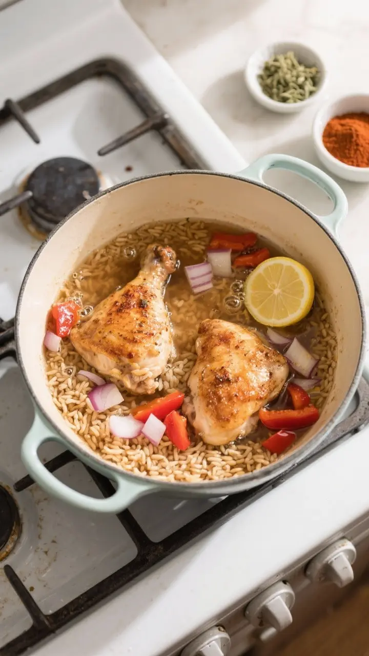 Cooking process: Overhead shot of the one-pan simmer—brown rice and broth bubbling gently around b
