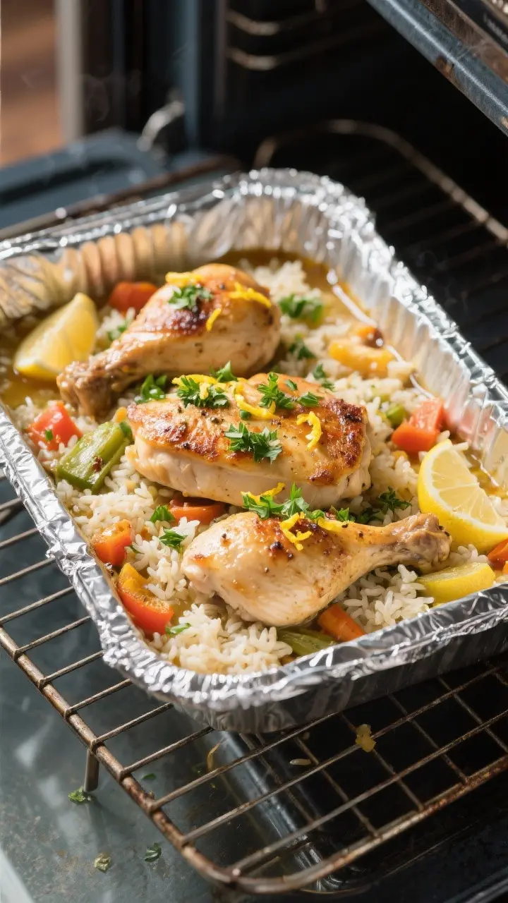 Cooking process: Overhead shot of the uncovered final bake stage—chicken and rice just out from un