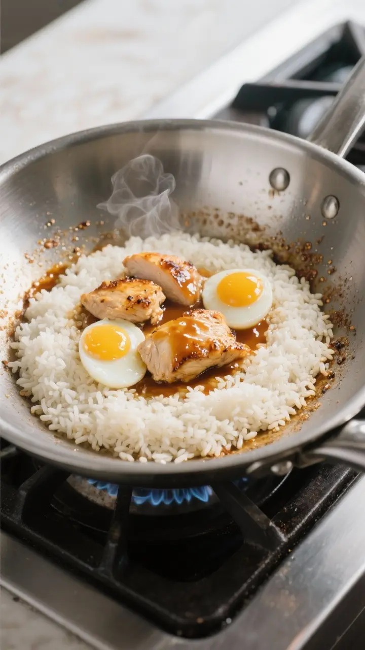 Cooking process: Rice being fried in a large stainless-steel skillet at medium-high heat, spread in 