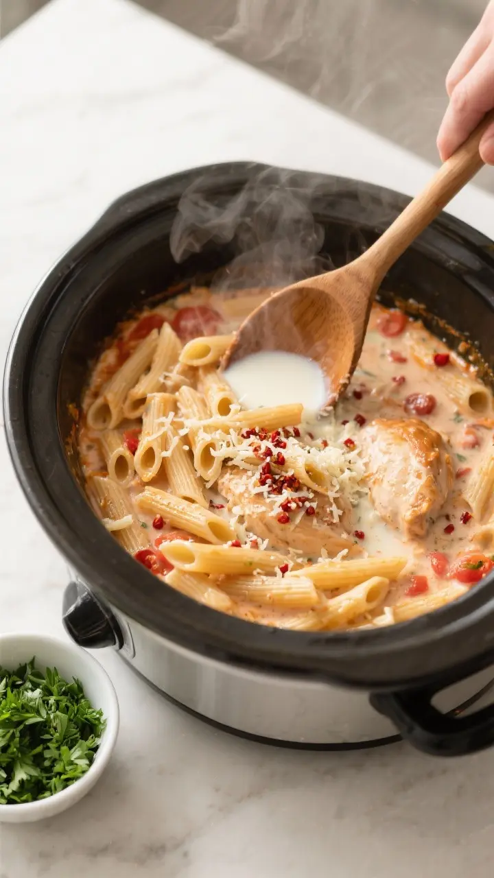 Cooking process scene: Overhead shot of just-cooked al dente penne being folded into the slow cooker