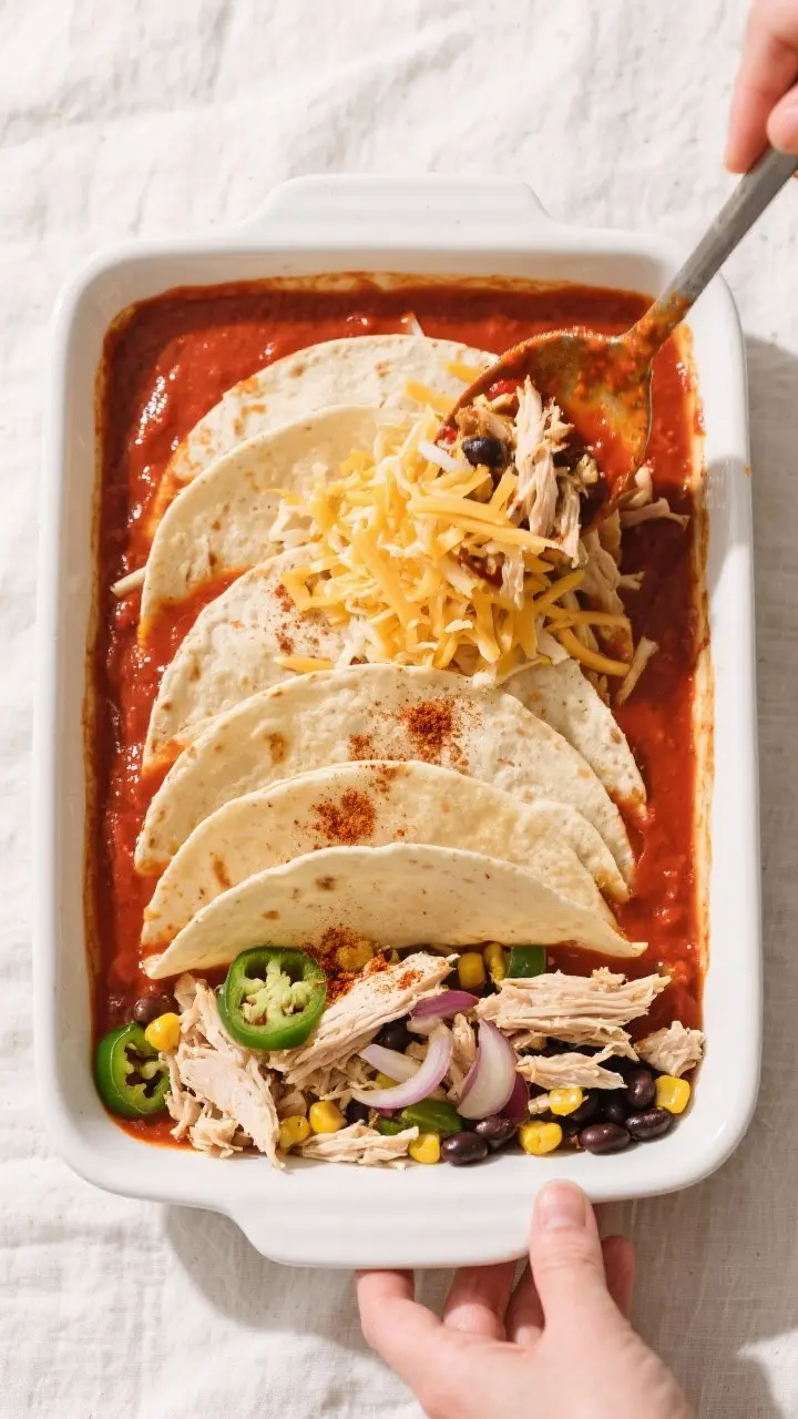 Cooking process shot: Overhead view of the layering step in a 9x13 baking dish—base lightly coated