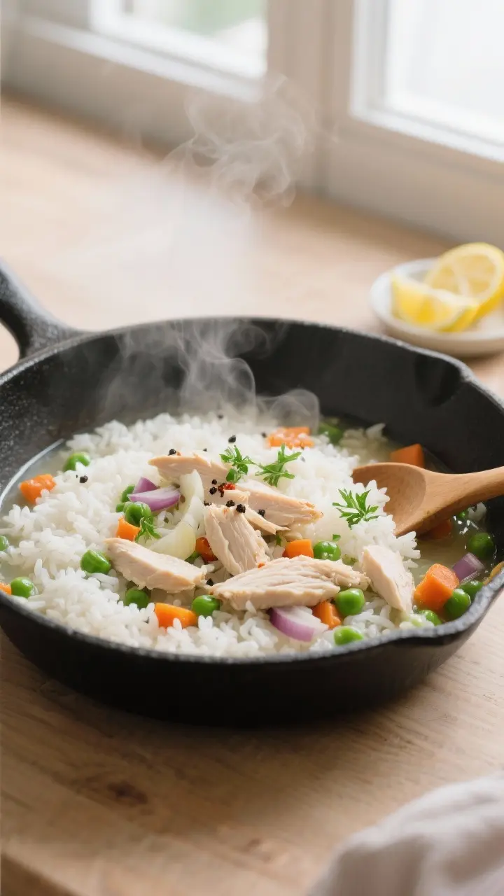 Cooking process shot: Steaming skillet of simmered white rice just finished absorbing low-sodium chi