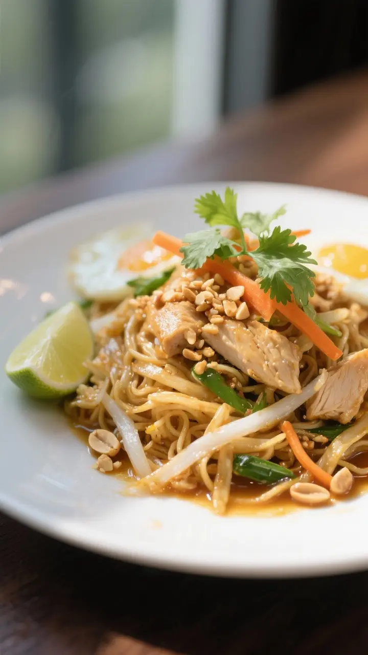 Final dish glamour: Restaurant-quality close-up of plated Chicken Pad Thai twirled into a neat nest,