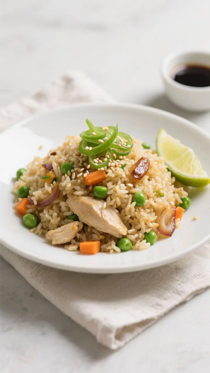 Final dish plated: Beautifully plated chicken fried rice mounded in a shallow white ceramic bowl, ev