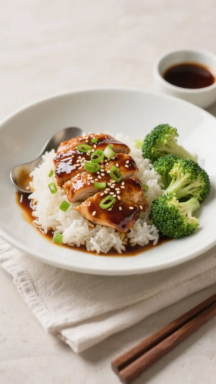 Final dish presentation: Beautifully plated teriyaki chicken over fluffy jasmine rice in a wide, sha