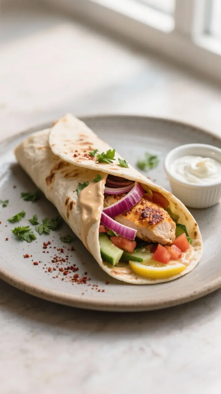 Final dish presentation: Restaurant-quality chicken shawarma wrap cut on a bias, arranged on a matte