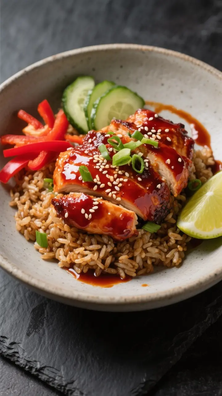 Final dish presentation: Restaurant-quality plated chicken rice bowl variation with brown rice, goch