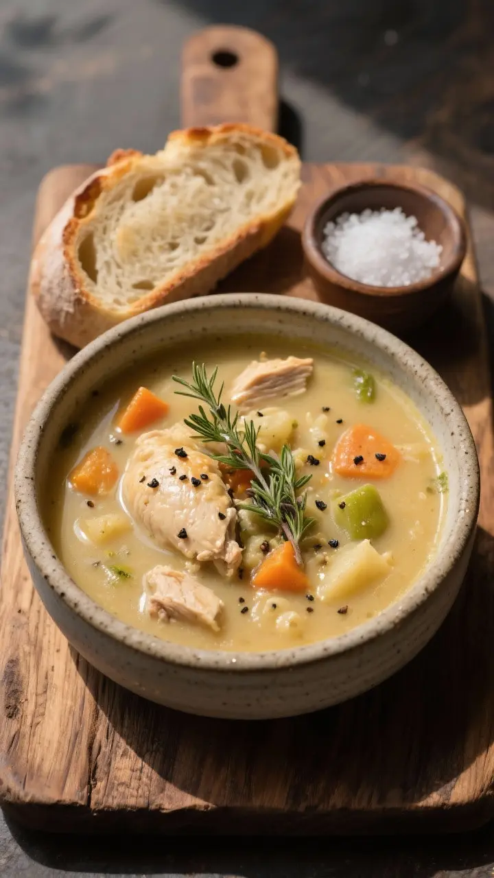 Final dish presentation: Restaurant-quality plated chicken pot pie soup in a shallow stoneware bowl,