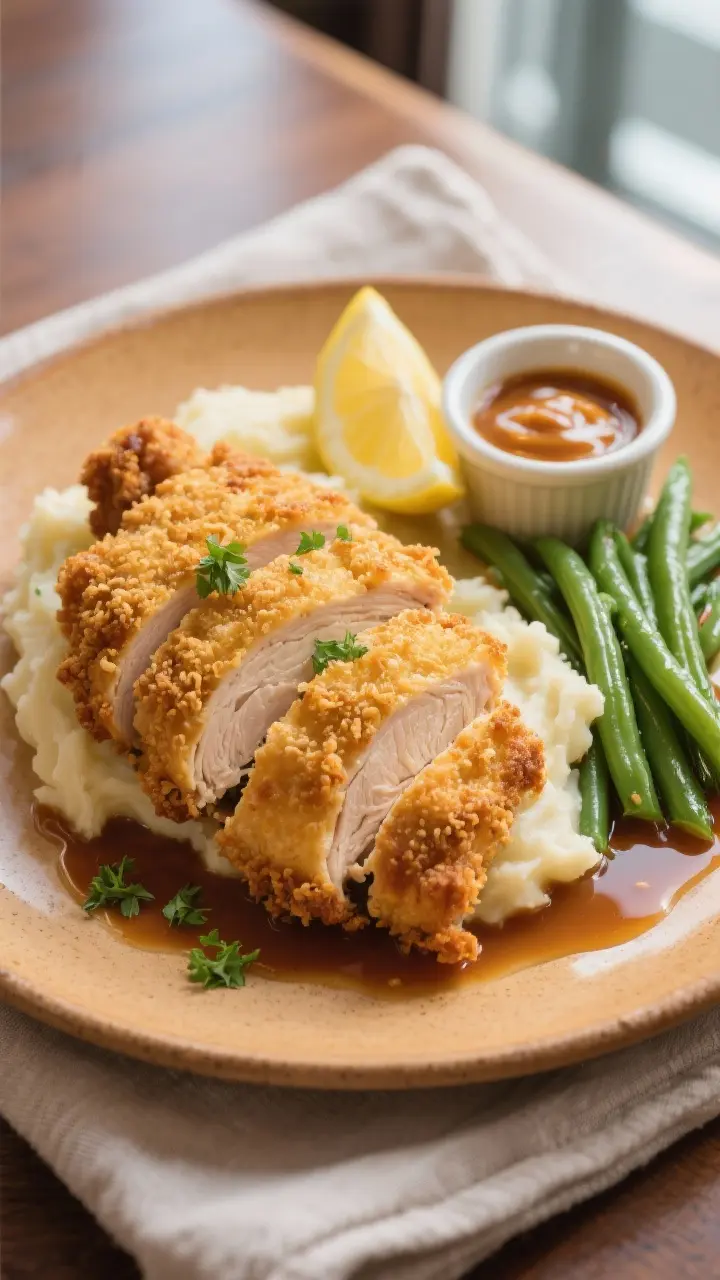 Final dish presentation: Restaurant-quality plated Ritz cracker chicken with a thick, golden, ultra-