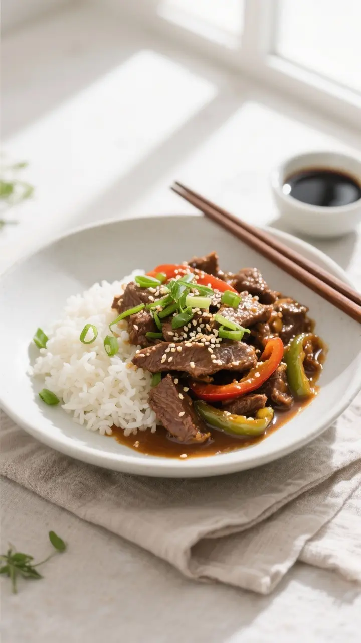 Final dish presentation: Restaurant-quality plating of Crock Pot Pepper Steak over fluffy steamed ja