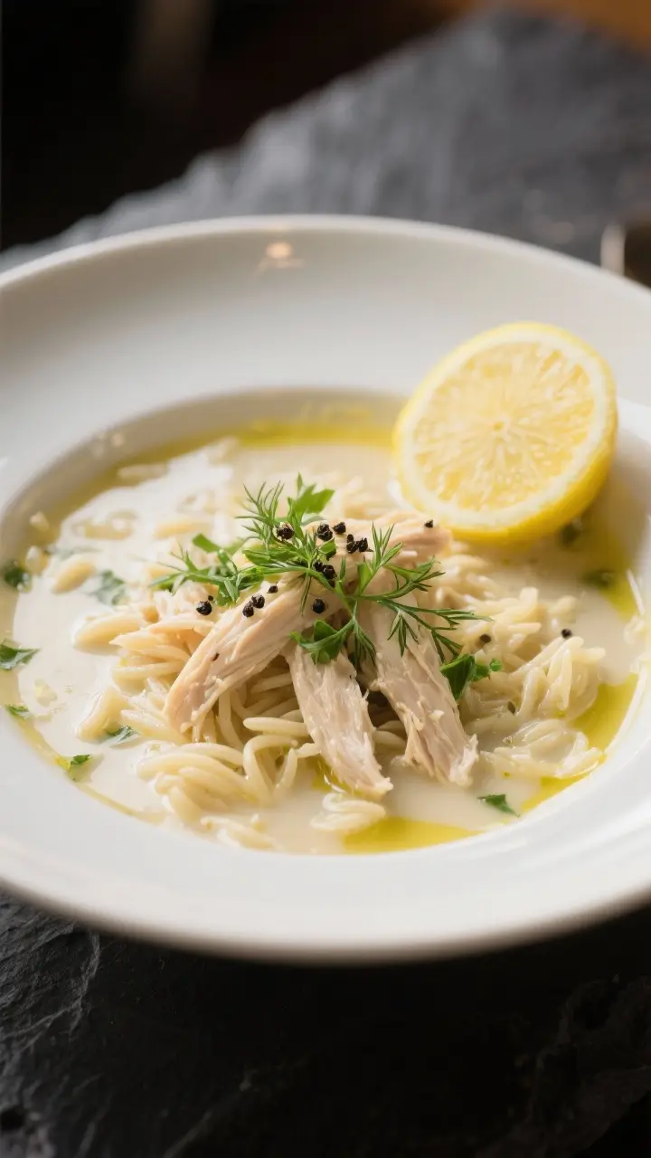 Final dish presentation: Restaurant-quality plating of creamy-style lemon chicken orzo soup (finishe