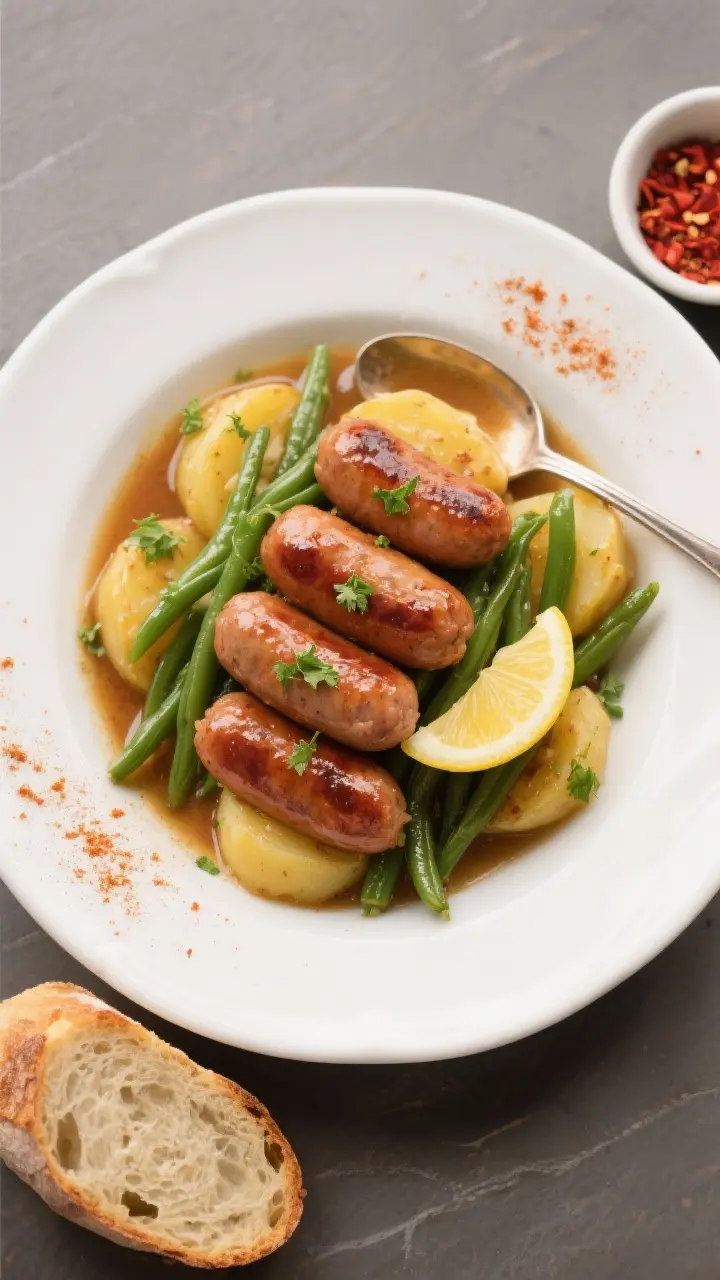 Final dish presentation: Restaurant-style plating of Crockpot Sausage & Green Beans in a wide white 