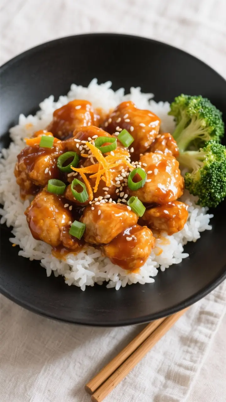 Final dish, tasty top view: Overhead shot of orange chicken tossed in thick, shiny sauce, plated ove