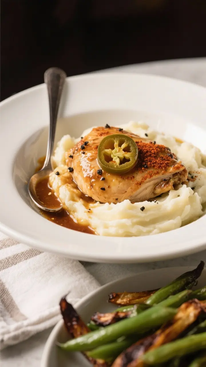 Final plated comfort bowl: Mississippi chicken over creamy mashed potatoes in a wide, shallow white