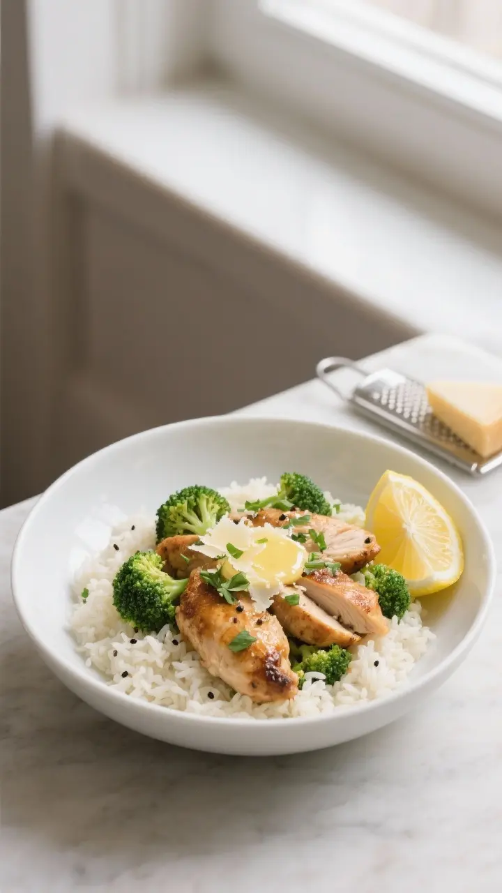 Final plated dish, : Beautifully plated chicken and rice with broccoli in a wide white bowl—rice f