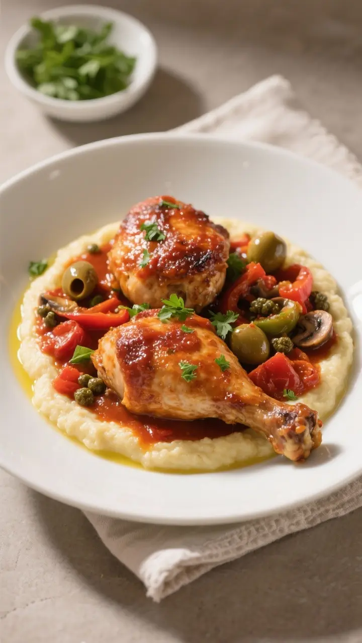 Final plated dish beauty shot: Restaurant-quality presentation of chicken cacciatore over creamy pol