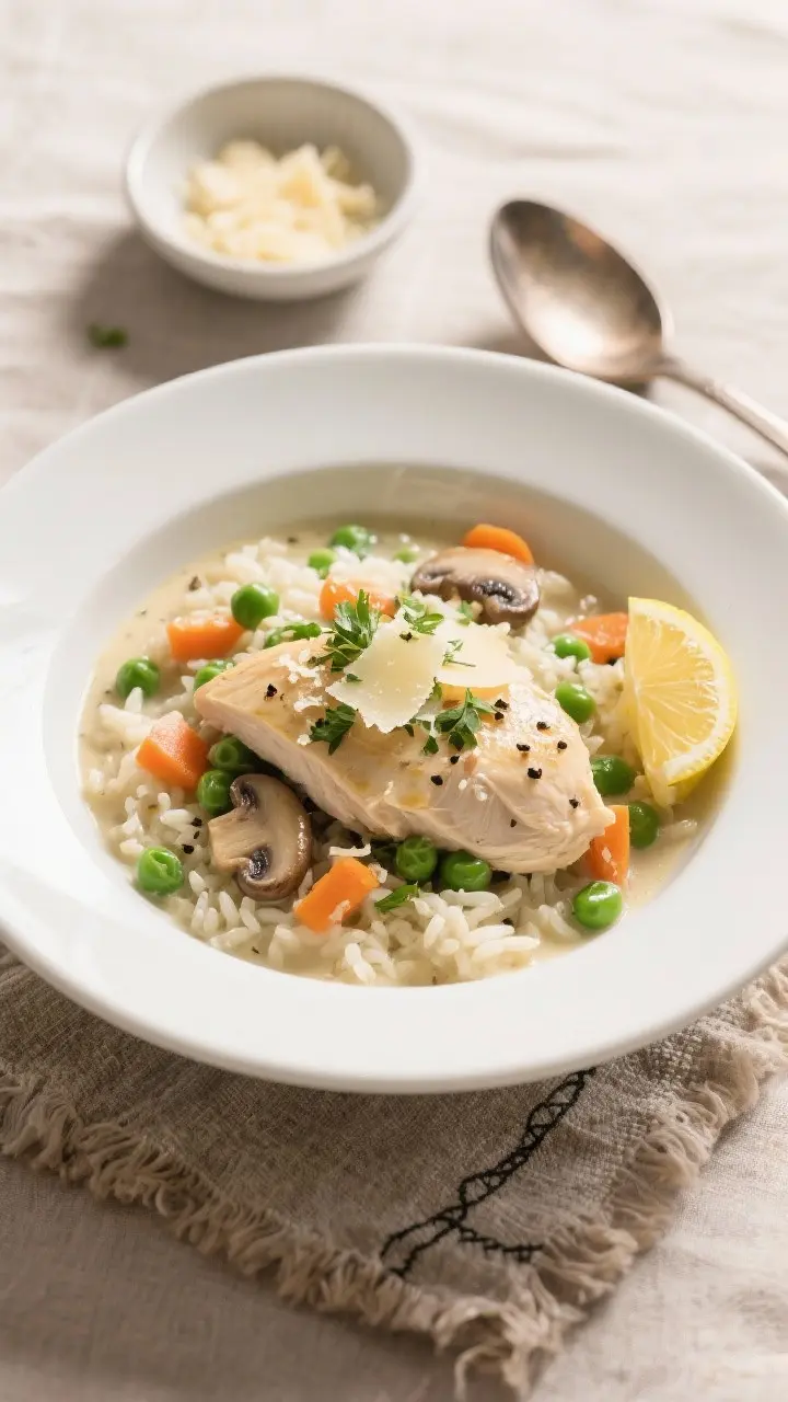 Final plated dish: Restaurant-quality bowl of creamy chicken and rice served spoonable but not soupy