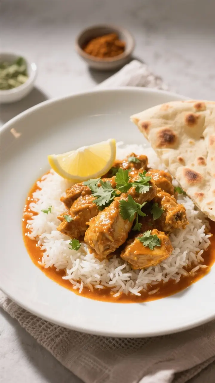 Final plated dish: Restaurant-quality presentation of chicken curry served over fluffy basmati rice 