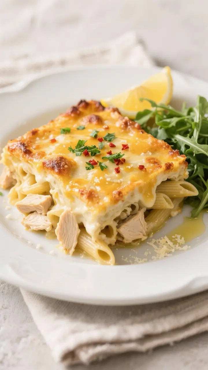 Final plated dish: Restaurant-quality presentation of a generous square of chicken Alfredo bake on a