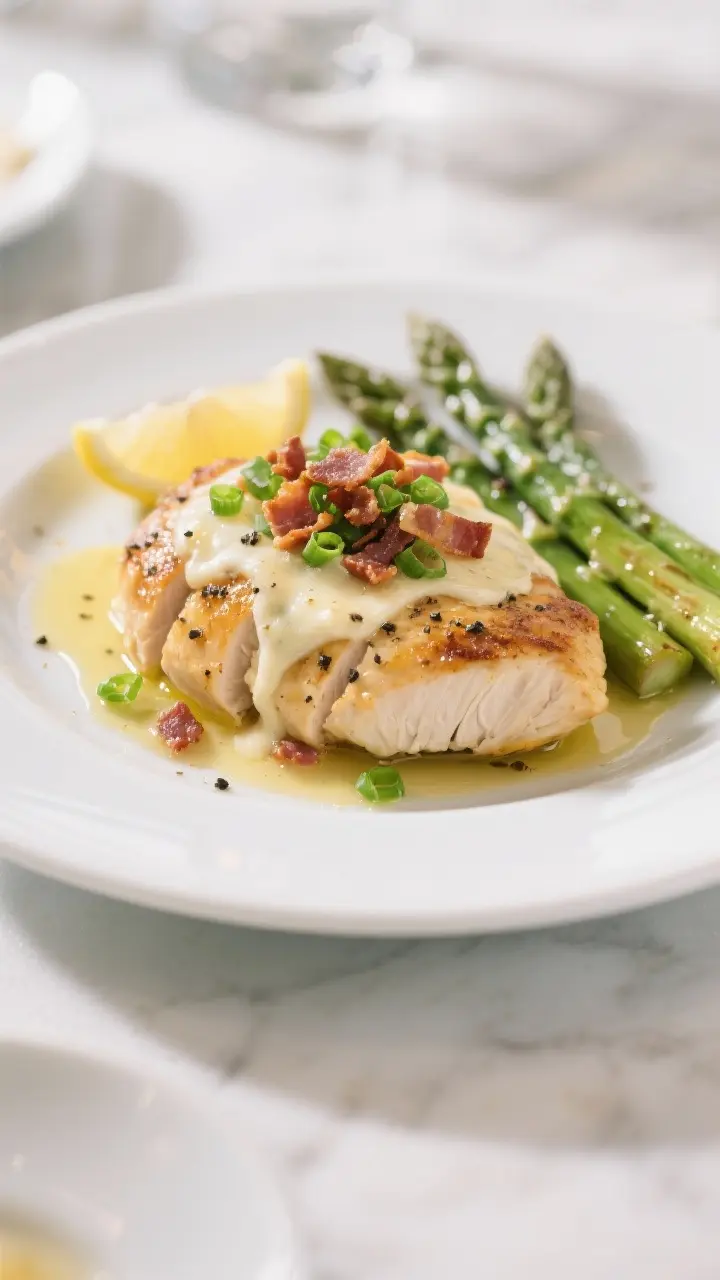 Final plated dish: Restaurant-quality presentation of million dollar chicken on a white ceramic plat