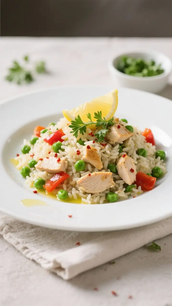 Final plated dish: Restaurant-quality presentation of Healthy Chicken and Rice mounded on a wide whi