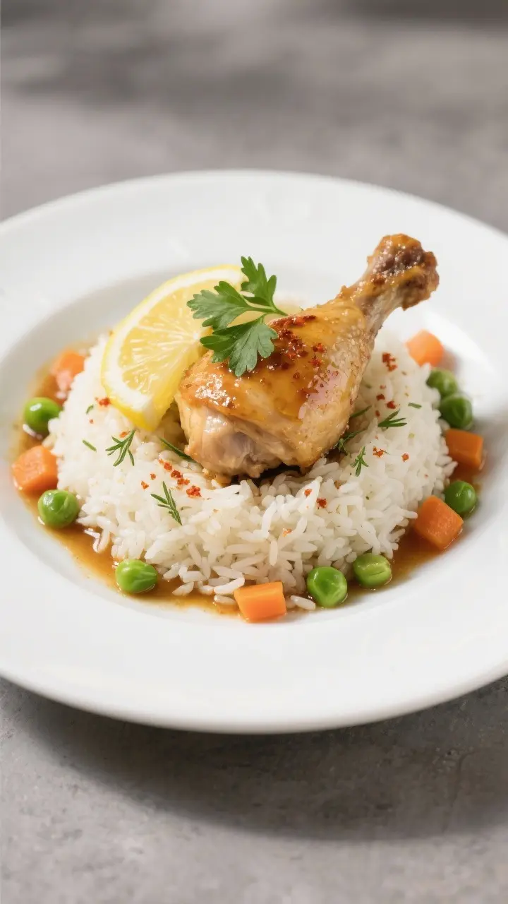 Final plated dish: Restaurant-quality presentation of a single chicken thigh atop a mound of fluffy 