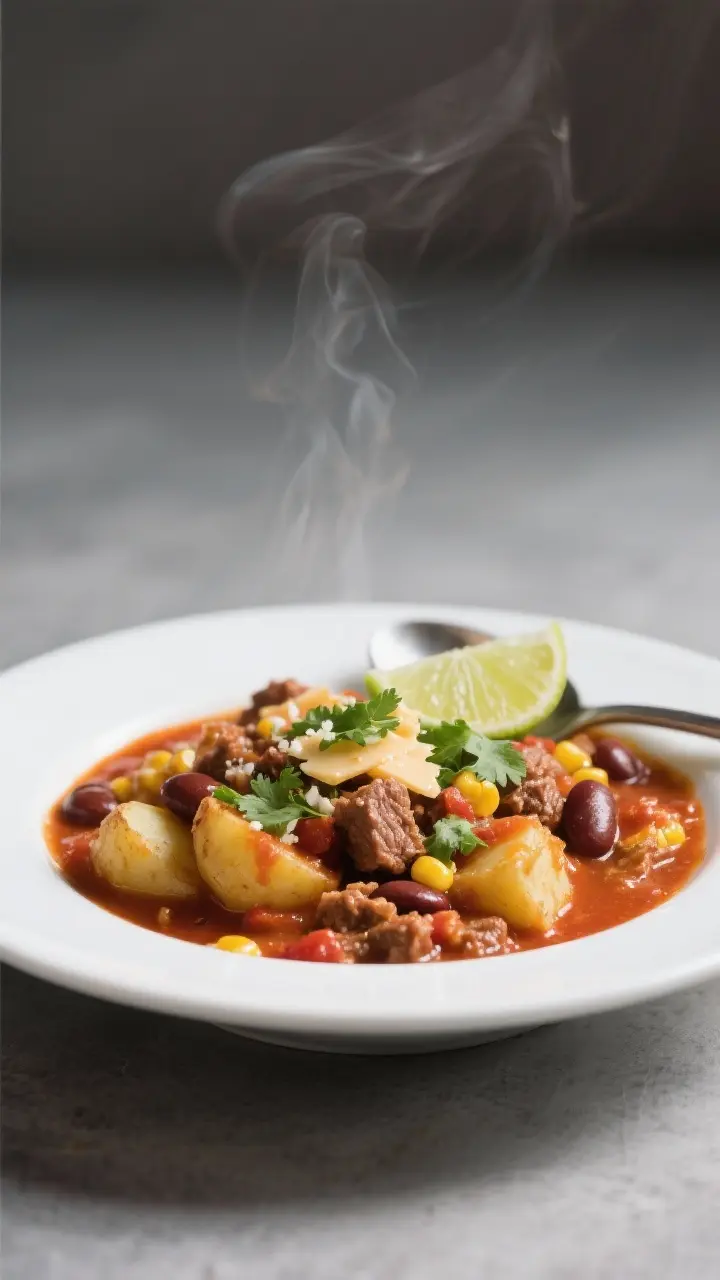 Final plated dish: Restaurant-quality presentation of Cowboy Casserole in a shallow white bowl, a ge