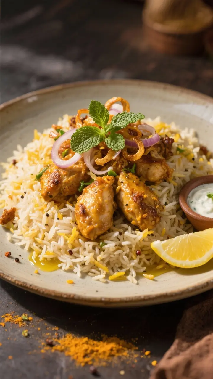 Final plated dish: Restaurant-quality presentation of chicken biryani mounded on a wide, shallow cer