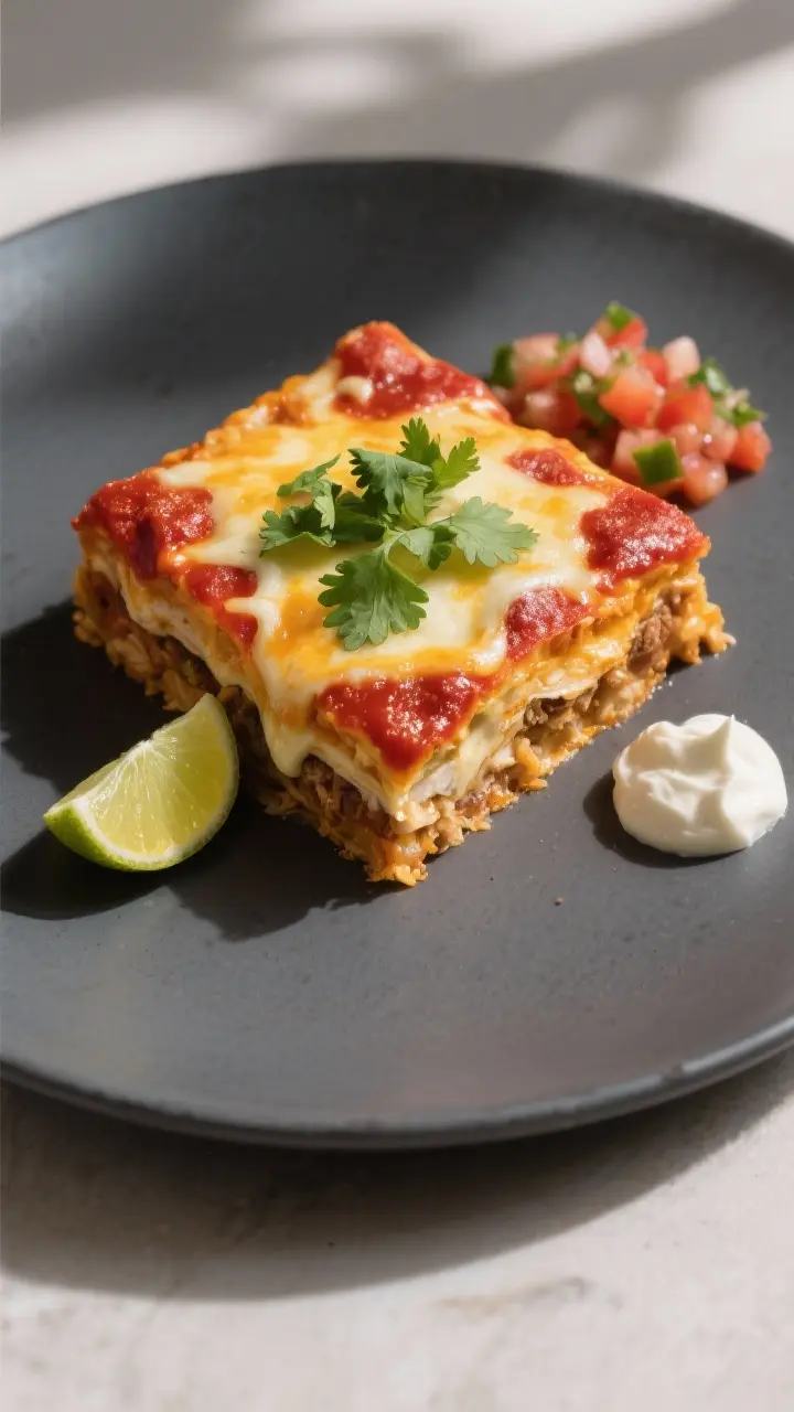 Final plated dish shot: Restaurant-quality presentation of a tidy square slice of chicken enchilada 