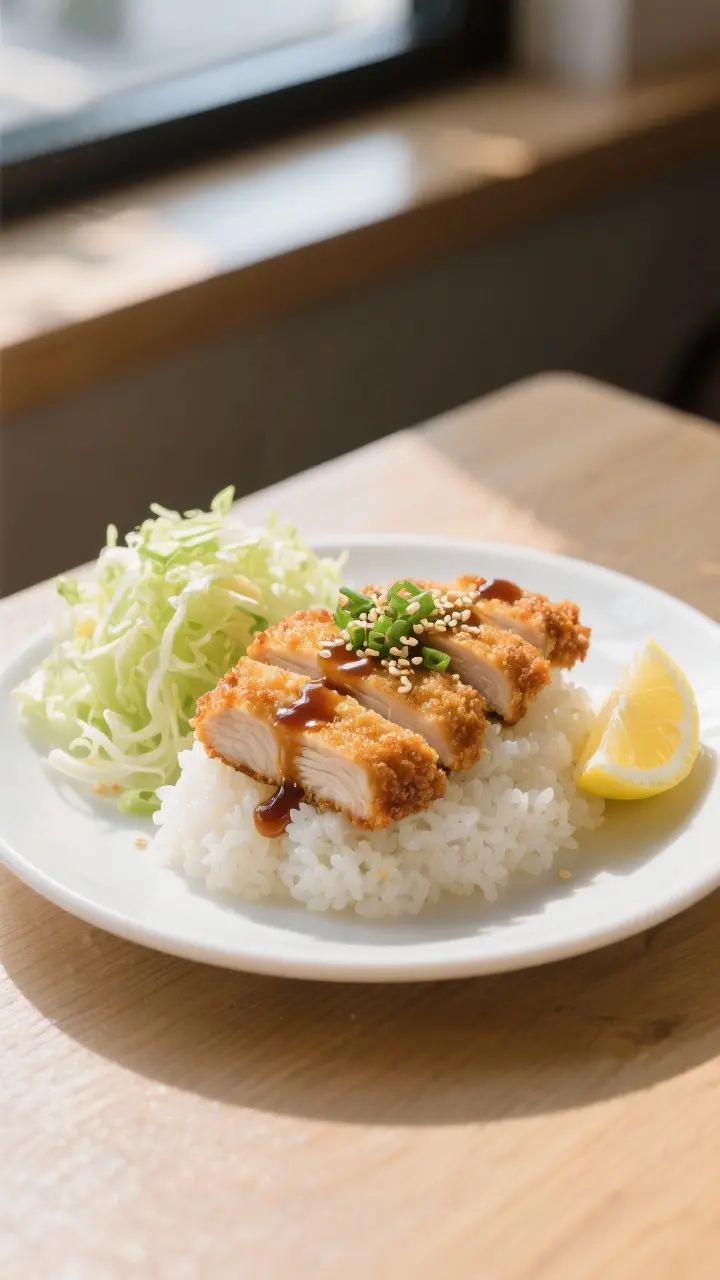 Final plated hero shot: Sliced chicken katsu arranged in neat strips over a fluffy mound of steamed