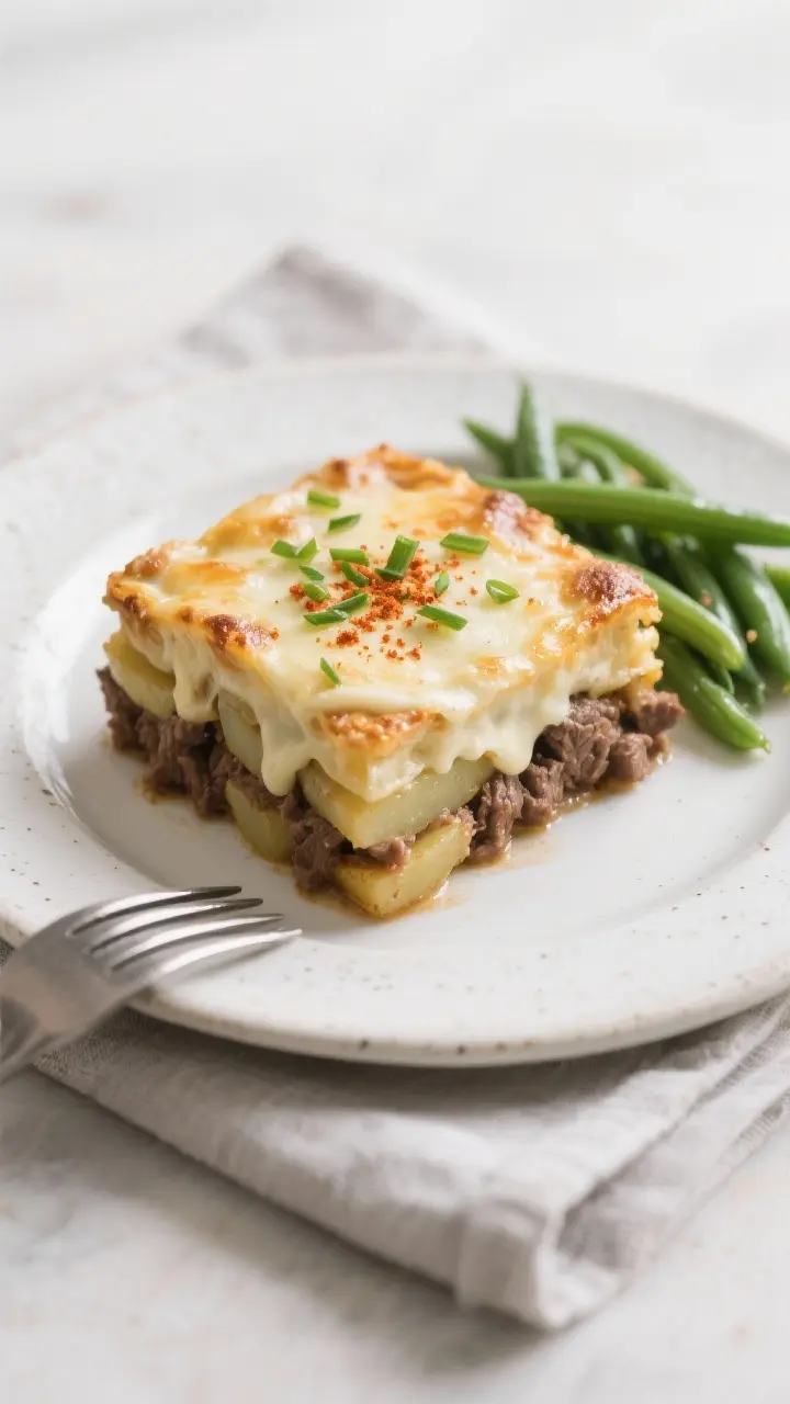 Final plated presentation: A generous square of the casserole set on a white stoneware plate, clean 