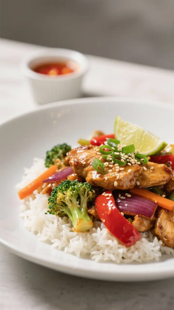 Final plated presentation: Restaurant-quality chicken stir fry served over fluffy steamed jasmine ri